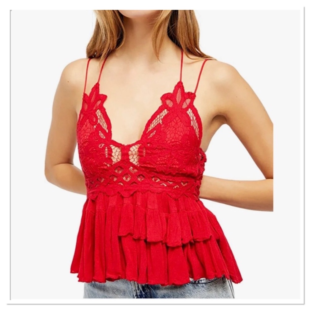 Free People Adella Cami Lace Top Cherry Red Size S NWT